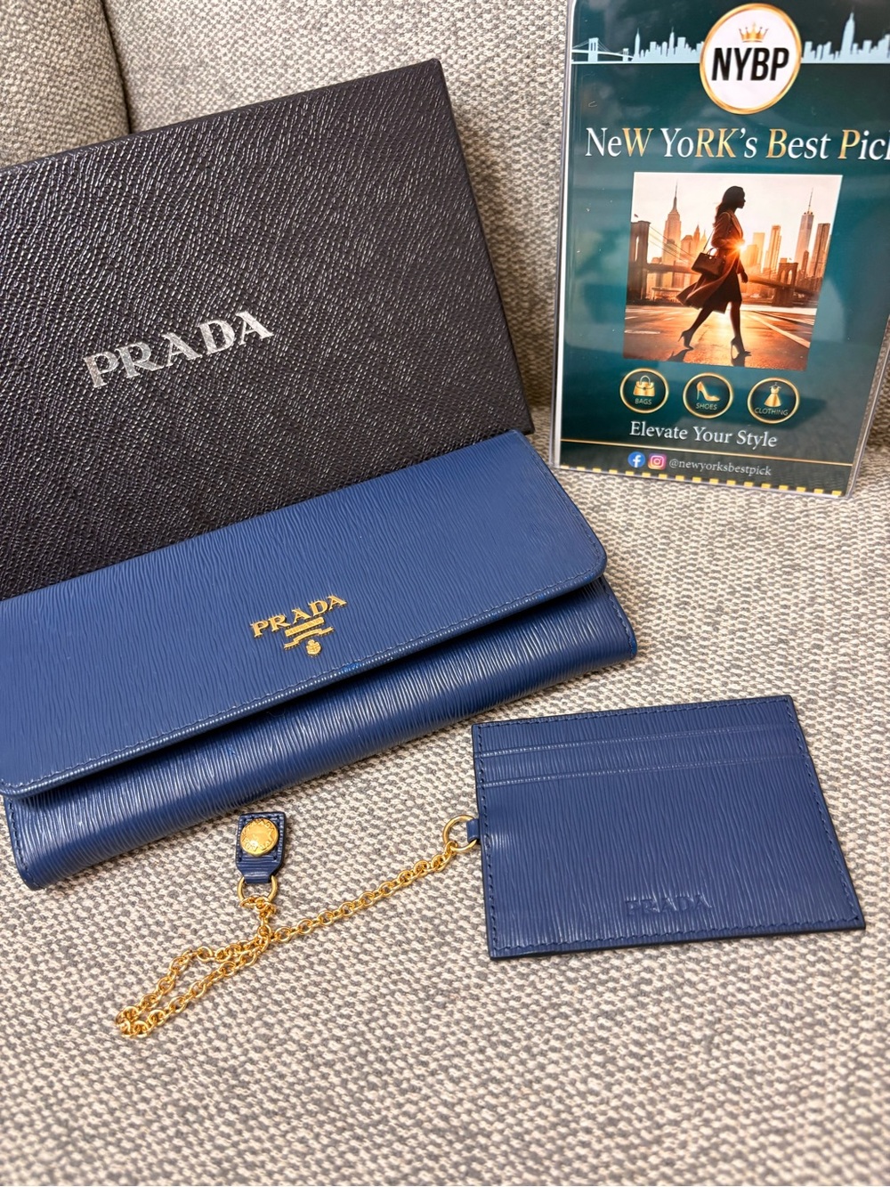 Prada Vitello Blue Leather Wallet, Cardholder & Gold Chain Set